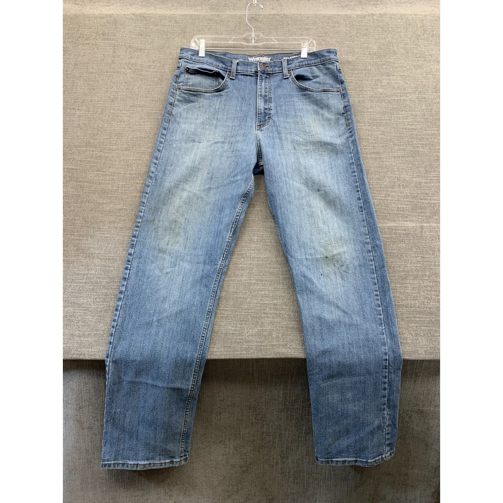Wrangler Jeans Mens 34x34 Blue Denim Cotton Stretch Relaxed Fit Straight Leg